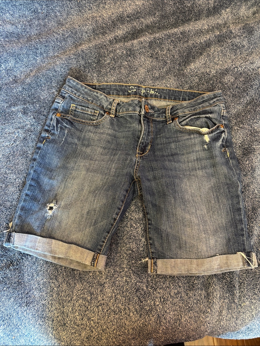 Aeropostale Distressed Rolled-Hem Denim Shorts - Blue